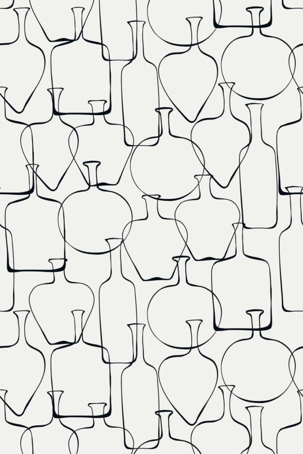 An abstract pattern featuring continuous, minimalist line drawings of various bottle and vase shapes on a light background, reminiscent of Mr. May's style. The seamless wallpaper design uses black lines in an overlapping arrangement, creating a modern and artistic feel. Key elements: continuous line drawings, bottle shapes, vase shapes, light background, black lines.