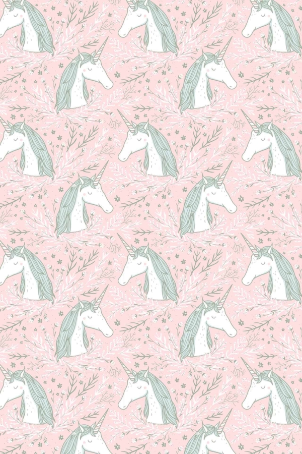 Wallpaper features:
- White unicorn heads
- Green manes
- Closed eyes
- Sparkling stars
- Light pink background
- Floral and leaf designs
Unicorns from "My Friend the Unicorn" scattered in various orientations.