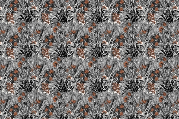 Seamless tropical wallpaper design with black and white leaves, ferns, and other plants. Orange accents highlight some flowers and leaves for contrast. Monochrome base with vibrant orange details creates a harmonious ensemble reminiscent of Nature's Chorus.