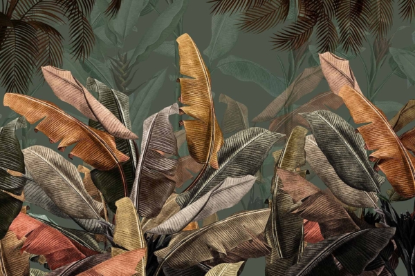 A detailed illustration of various tropical leaves in shades of green, brown, yellow, and red is arranged against a muted green background. The dense foliage intertwines like Neverland's lush forests, with overlapping leaves and subtle shading providing depth and texture. Key elements include tropical leaves, green foliage, brown leaves, yellow hues, red tones, muted green background.