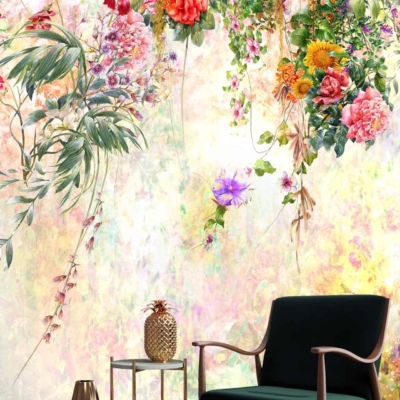 A vibrant floral wall mural features a cascade of pink, red, and orange flowers, symbolizing new beginnings. Colors: pink, red, orange. Elements: cascading flowers.