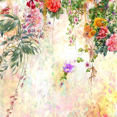 A vibrant, cascading arrangement featuring brightly colored roses, hibiscus, daisies, and lush greenery against a light, ethereal background symbolizes New Beginnings. Elements include bright roses (reds, pinks), hibiscus flowers (oranges, yellows), daisies (whites, yellows), and verdant greenery for a dreamy garden scene.