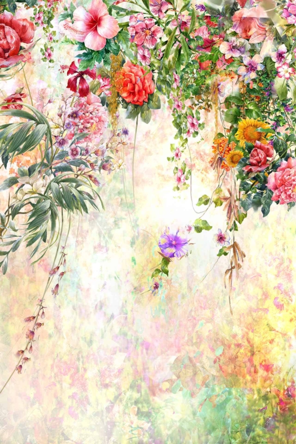A vibrant, cascading arrangement featuring brightly colored roses, hibiscus, daisies, and lush greenery against a light, ethereal background symbolizes New Beginnings. Elements include bright roses (reds, pinks), hibiscus flowers (oranges, yellows), daisies (whites, yellows), and verdant greenery for a dreamy garden scene.