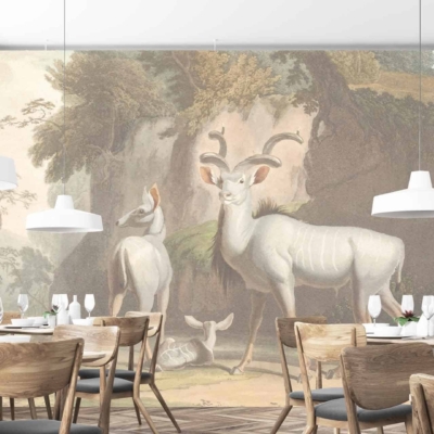 The wallpaper features a large mural of an elegant painting with antelopes in a natural setting. It prominently includes elements such as graceful antelopes, lush greenery, and hints of earthy tones like brown, green, and soft golds.