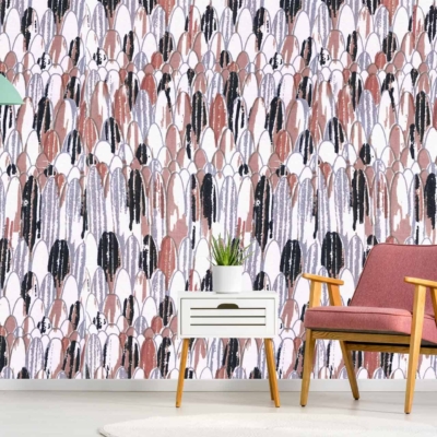 The wallpaper in the living room corner is modern and abstract, featuring shades of white, pink, and black. The pattern consists of various geometric shapes and fluid lines for a contemporary look.