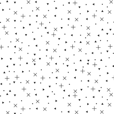 White background with a random pattern of small black symbols (Xs, triangles, dots) evenly distributed across the entire image. Minimalist aesthetic similar to a Noughts and Crosses game board. Elements: Xs, triangles, dots. Colors: White background, black symbols.