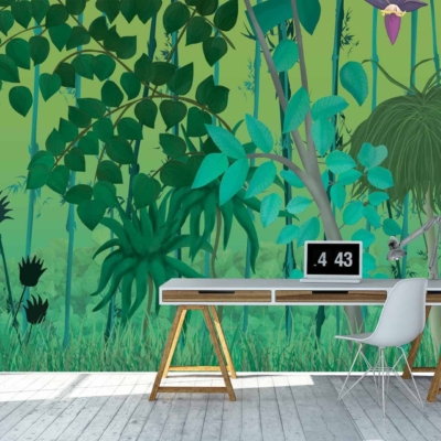 A vibrant, lush green botanical wallpaper with deep emerald leaves, delicate fern fronds, and subtle hints of tropical flora sets the backdrop. The rich greens are interspersed with soft shades of lime and olive, creating a lively yet calming atmosphere.