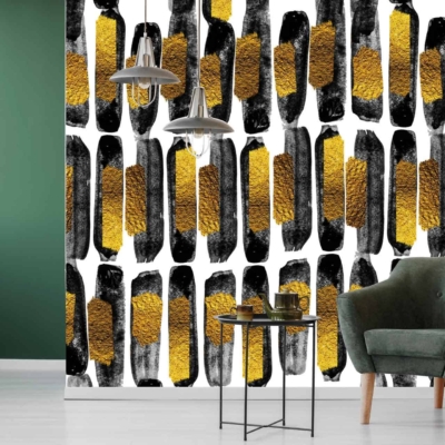 The wallpaper features a bold, abstract pattern with vertical black and gold brushstrokes.