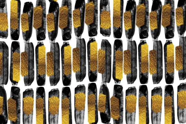 This wallpaper features black brushstrokes and gold textured shapes on a white background. The pattern repeats horizontally and vertically, creating a striking visual effect.