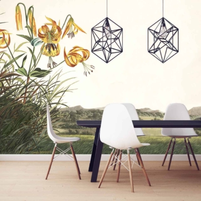 The wallpaper features a large botanical mural with yellow flowers and green foliage, evoking an open season vibe. The dominant elements include vibrant yellow blossoms and lush green leaves, set against a backdrop that highlights nature's beauty.