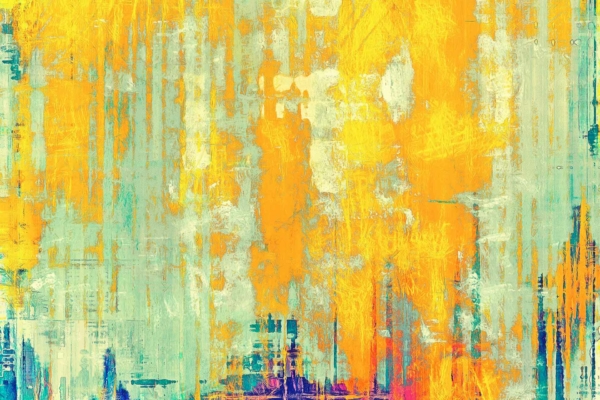 Dynamic abstract wallpaper featuring vibrant yellow and orange strokes blended with cool aqua and teal hues. Showcases a striking contrast through textured vertical and horizontal streaks, captivating generations of art enthusiasts with its warm and cool tones. Perfect for search functions: yellow, orange, aqua, teal, dynamic texture, vertical streaks, horizontal streaks.