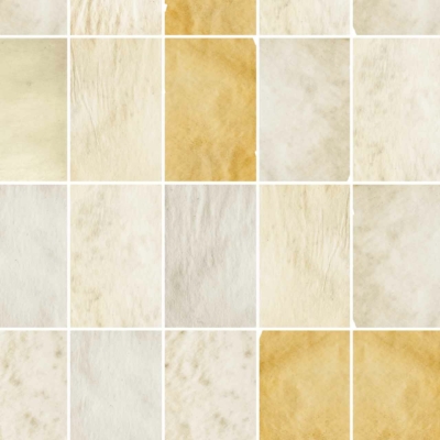 Wallpaper features a patchwork pattern of rectangular tiles in shades of cream, beige, and light brown. Each tile showcases a distinct texture and subtle color variations, evoking a rustic and nostalgic feel reminiscent of worn vintage prints and old paper.