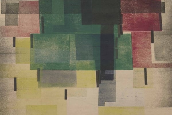 Abstract wallpaper featuring a collage of overlapping rectangles in various shades: green, red, yellow, beige. Textured effect with mixed muted and vibrant tones.