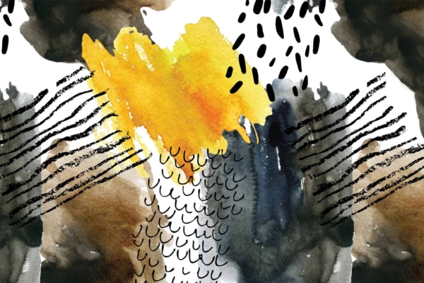 Abstract wallpaper features bold, overlapping brushstrokes in black, yellow, and white. The background showcases textured black and gray watercolor-like patterns, accented with black curved doodles and dotted lines. Dynamic elements blend to create a sense of movement—part mine, part mystery.