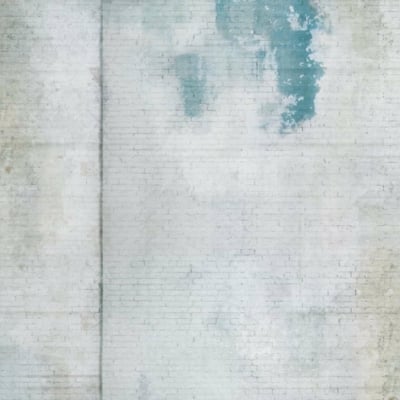 Old, weathered brick wall wallpaper with faded and chipped white paint. Patches of blue, visible cracks. Rustic and vintage appearance with elements showcasing the effect of passing time.
