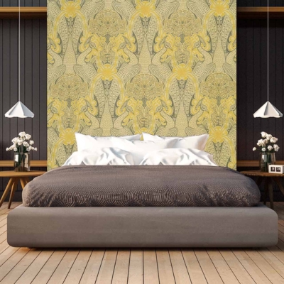 The wallpaper in the modern bedroom features a decorative pattern with intricate yellow and gray designs. This accent wall showcases bold, interwoven motifs that blend bright yellow highlights with varying shades of gray, creating a dynamic and eye-catching backdrop behind the bed.
