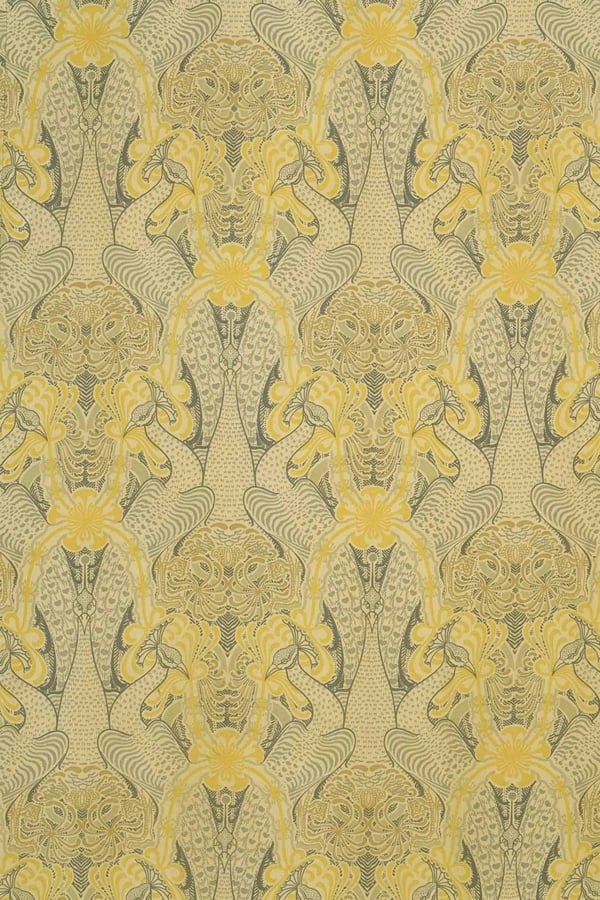 A detailed Art Nouveau-style wallpaper showcasing an intricate pattern of interwoven floral and abstract organic shapes in yellow and gray tones. The symmetrical design features delicate flowers, curling vines, and sinuous lines, creating a visually rich and complex texture. The use of soft yellow highlights contrasts harmoniously with the muted grays, enhancing the overall elegance of the piece. Key elements include floral motifs, organic shapes, symmetry, yellow tones, gray hues, complex texture, decorative patterns.