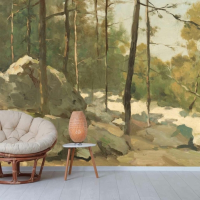Wallpaper features a serene forest scene with tall trees, rocks, and dappled sunlight. Predominant colors include various shades of green, brown, and hints of golden light.