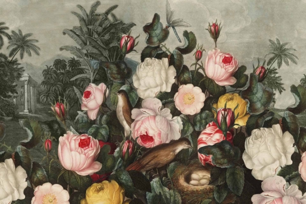 Artistic wallpaper features a lush bouquet of colorful roses in pink, white, yellow, and red. Two birds are nestled among the flowers; one perched on a nest with three eggs. A dragonfly hovers above. Background includes trees and peaceful ruins.