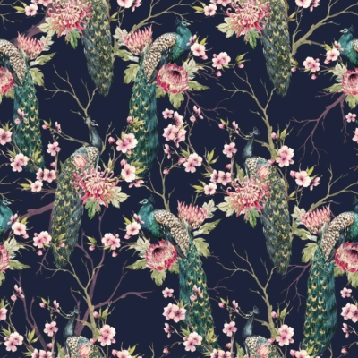 A seamless wallpaper pattern features elegant peacocks perched on tree branches adorned with pink blossoms and lush foliage, including proteas, against a dark background. The intricate design highlights the peacocks' vibrant blue and green plumage, complemented by delicate flowers. Key elements: peacocks, tree branches, pink blossoms, lush foliage, proteas, dark background. Colors: vibrant blue, green plumage on peacocks; pink flowers; dark backdrop.