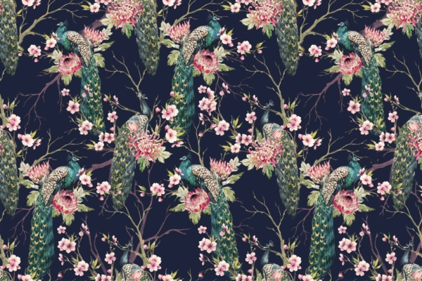 A seamless wallpaper pattern features elegant peacocks perched on tree branches adorned with pink blossoms and lush foliage, including proteas, against a dark background. The intricate design highlights the peacocks' vibrant blue and green plumage, complemented by delicate flowers. Key elements: peacocks, tree branches, pink blossoms, lush foliage, proteas, dark background. Colors: vibrant blue, green plumage on peacocks; pink flowers; dark backdrop.