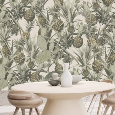 Wallpaper features a tropical theme with intricately designed pineapple cacti in green and beige hues.