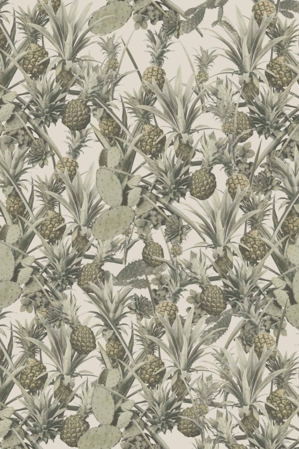 Seamless wallpaper pattern featuring dense green pineapples and cactus plants with overlapping leaves on a light beige background. Design offers a tropical feel with vintage, muted colors. Key elements: green pineapples, cactus plants, overlapping leaves, light beige background, tropical vintage muted palette.