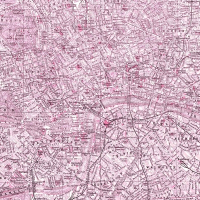 A vintage, detailed map wallpaper of central London in shades of pink and white. It features numerous labeled streets, landmarks, parks, and the River Thames winding through the city. Highlights include an intricate network of roads and railway lines rendered in varying hues of pink against a white background.