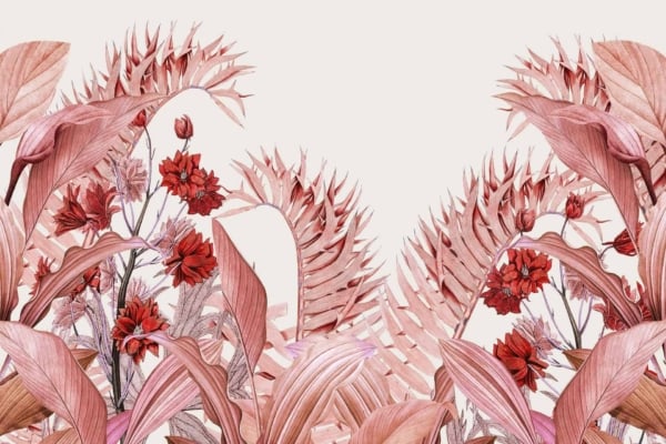 Wallpaper Illustration: Features vivid pink and red foliage, including various ferns, leaves, and flowers. The lush plants are densely arranged to create a tropical atmosphere. Background is light off-white. Highlights include:
- Pink and red fern fronds
- Brightly colored leaves
- Exotic pink and red blossoms
- Dense tropical plant arrangement against a light off-white backdrop
