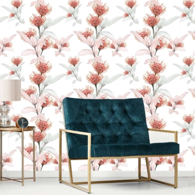 The wallpaper features a floral pattern with red and pink flowers, green leaves, all set against a white background.