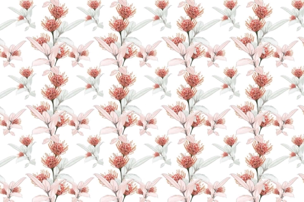 The wallpaper features a **Floral pattern** with repeated clusters of **delicate pink flowers** and **soft green leaves** on a **white background**. The design is **symmetrical** and **evenly spaced**, ideal for a charming cushion or elegant decorative pins.