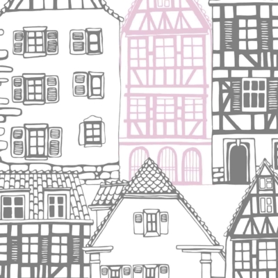 Sure! Below is a description of the wallpaper design featuring traditional European half-timbered houses:

- **Row of Half-Timbered Houses**: The wallpaper design showcases a charming row of traditional European half-timbered houses.
- **Intricate Details**: Each house features intricate window designs, shutters, and tiled roofs, making for a quaint and detailed pattern.
- **Color Scheme**: Most of the structures are illustrated in black and white, creating a classic and timeless look.
- **Highlight Feature**: One standout house in the row is colored in pink, adding a pop of color to the overall design.

### Key Elements for Search:
1. Traditional European half-timbered houses
2. Intricate window designs
3. Shutters
4. Tiled roofs
5. Black and white illustrations
6. One pink-colored house

This wallpaper would be perfect for creating a cozy yet elegant setting reminiscent of playing house in an idyllic village scene.

