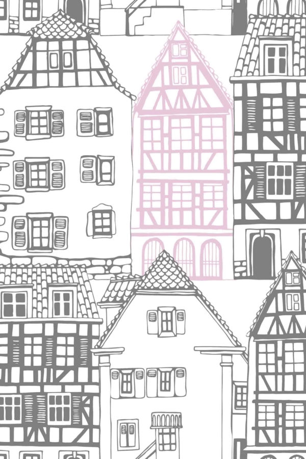 Sure! Below is a description of the wallpaper design featuring traditional European half-timbered houses:

- **Row of Half-Timbered Houses**: The wallpaper design showcases a charming row of traditional European half-timbered houses.
- **Intricate Details**: Each house features intricate window designs, shutters, and tiled roofs, making for a quaint and detailed pattern.
- **Color Scheme**: Most of the structures are illustrated in black and white, creating a classic and timeless look.
- **Highlight Feature**: One standout house in the row is colored in pink, adding a pop of color to the overall design.

### Key Elements for Search:
1. Traditional European half-timbered houses
2. Intricate window designs
3. Shutters
4. Tiled roofs
5. Black and white illustrations
6. One pink-colored house

This wallpaper would be perfect for creating a cozy yet elegant setting reminiscent of playing house in an idyllic village scene.