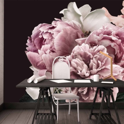 The wallpaper features large, vibrant posy flowers in pink and white against a dark background.