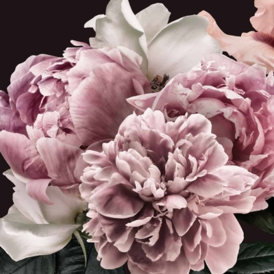 A stunning wallpaper features a close-up arrangement of blooming flowers in shades of pink and white. Intricate petals and rich colors of peonies dominate the design, complemented by other delicate flowers. Green leaves provide contrast against a dark background. Elegant and striking floral display, perfect for a sophisticated ambiance.