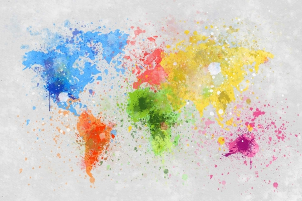 World map wallpaper, textured white background, colorful paint splatters, Pop Life spirit. Colors: Blue (North America), Orange (South America), Green (Africa), Yellow (Europe), Red (Asia), Pink (Australia). Vibrant, artistic continent representation.