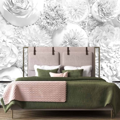 Grayscale floral mural, large flowers, artistic touch.