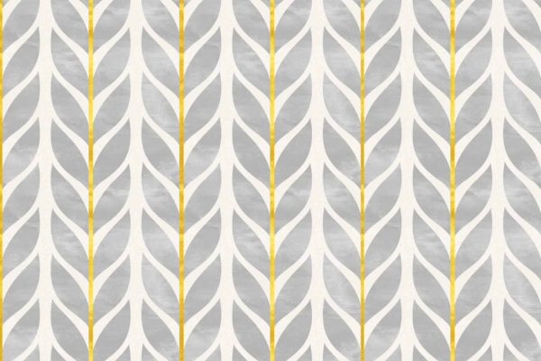 Seamless pattern wallpaper featuring Portia's Petals in stylized leaf shapes, colored gray and cream. Vertical alignment of leaves with yellow stems, creating a geometric and repetitive design. Elements include gray, cream leaves, yellow stems.