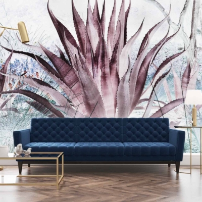The large, artistic mural features vibrant purple and blue agave plants. This stunning backdrop combines deep hues of purple and blue, enhancing the ambiance with its botanical theme.
