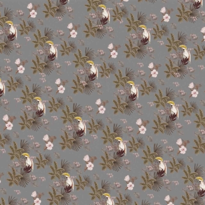 A seamless repeating wallpaper pattern features Pretty Boy tropical birds with yellow crests surrounded by palm leaves, flowers, and foliage. The design showcases a vintage feel using muted colors such as soft greens, pale yellows, and subtle pinks on a gray background.