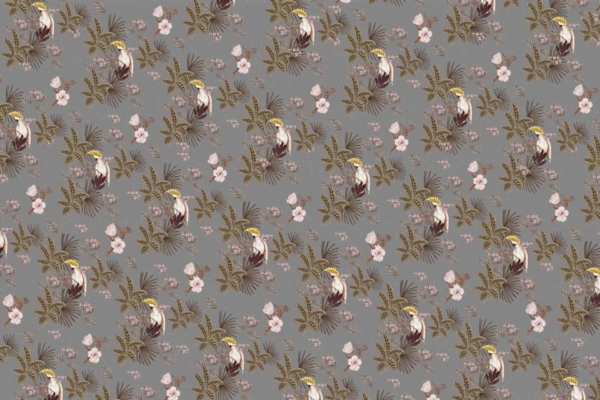 A seamless repeating wallpaper pattern features Pretty Boy tropical birds with yellow crests surrounded by palm leaves, flowers, and foliage. The design showcases a vintage feel using muted colors such as soft greens, pale yellows, and subtle pinks on a gray background.