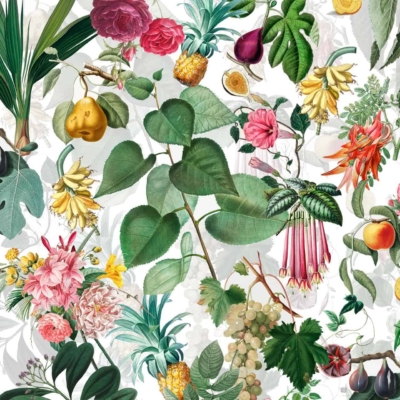 Vibrant wallpaper showcasing detailed botanical illustration with elements such as roses, ripe figs, peaches, pineapples, grapes. Rich hues of red, pink, orange, yellow, green against a subtle leafy background. Multiple flowers and fruits intricately designed for a colorful and lively look.