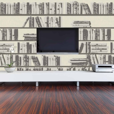 Wallpaper design: bookshelf aesthetic with volumes from the golden days of the printing press. Elements include classic book spines, aged paper textures, vintage fonts, and intricate details. The colors are rich and muted: deep browns, weathered golds, soft creams, and hints of faded greens and burgundies.