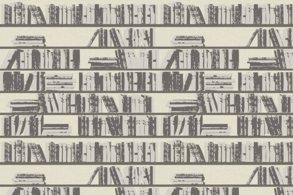 Seamless pattern features bookshelves filled with various books arranged both vertically and horizontally. Design has a vintage, sketch-like appearance in shades of gray and beige.