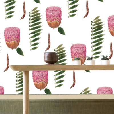 Botanical wallpaper with pink flowers, green fern leaves, small brown and white striped Protea pods. Clean white background.