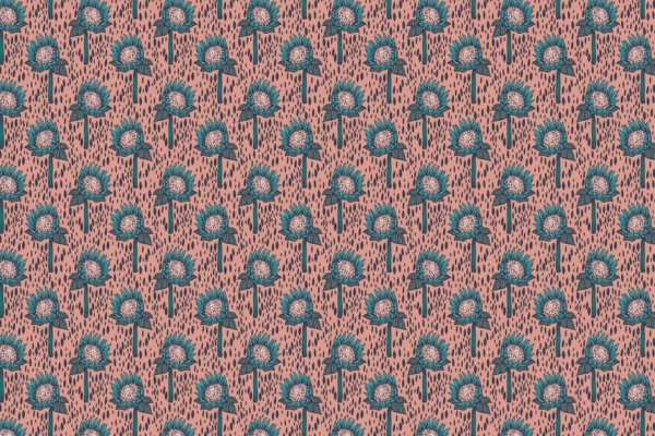 Stylized blue and green sunflowers, pink background, turquoise leaves and stem, textured look with scattered blue lines.