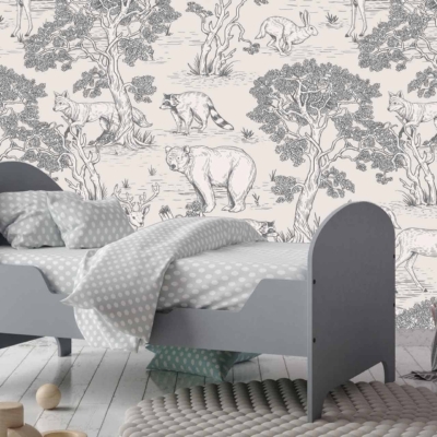 Patterned wallpaper with detailed illustrations of various animals, including lions, deer, and birds prowling among trees. Monochromatic color scheme in shades of gray and white.