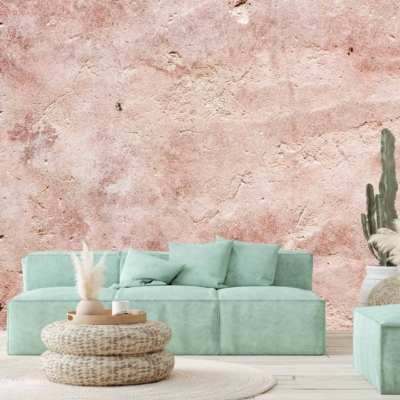 The wallpaper is a large, textured pink wall.
