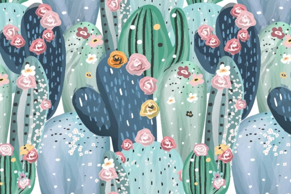 A whimsical wallpaper features various pastel-colored cacti with blooming flowers in shades of pink, white, and yellow. The cacti are depicted in hues of blue and green, adorned with decorative dots and lines. This vibrant pattern creates a sense of the cacti dancing in the rain.