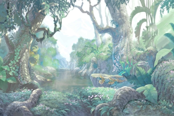 Wallpaper features a tranquil fantasy forest scene with a serene river flowing through lush greenery. Tall, ancient trees stand majestically as soft sunlight filters through dense foliage. Vibrant plants and flowers, in shades of green, purple, and blue, illuminate the water's edge. A sense of calm and whispering "Remember Me" flow from the natural elements captured in this scenic wallpaper.